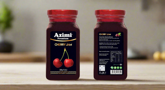 Two jars of Azimi cherry jam on a white background