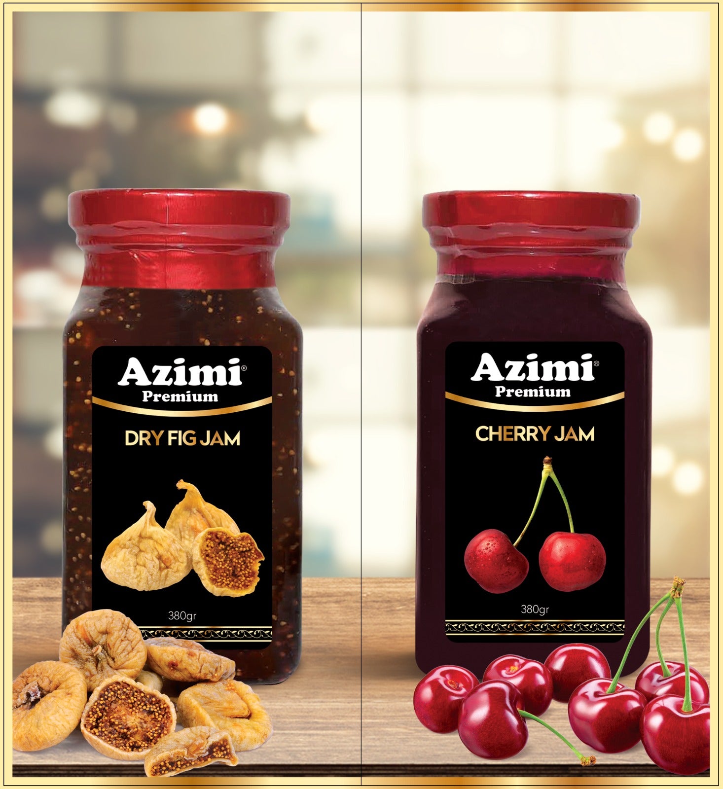 Two jars of Azimi Premium jam with figs and cherries on a wooden surface.